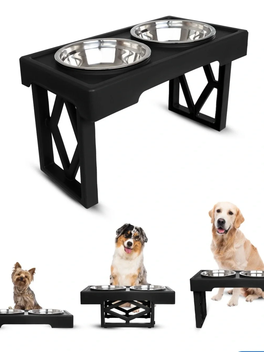 Black Elevated Double Dog Bowl Set with Stainless Steel Inserts